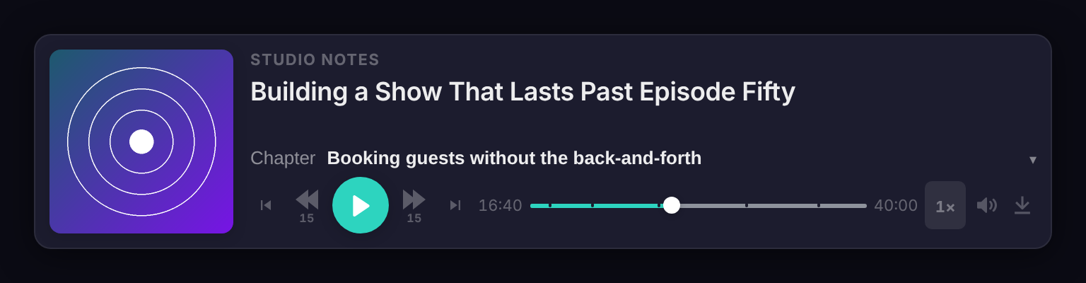 The Podpage audio player in dark mode with a teal play button and chapter marks on the progress bar