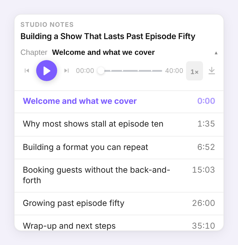 The Podpage audio player on a phone-sized screen with the chapter list open