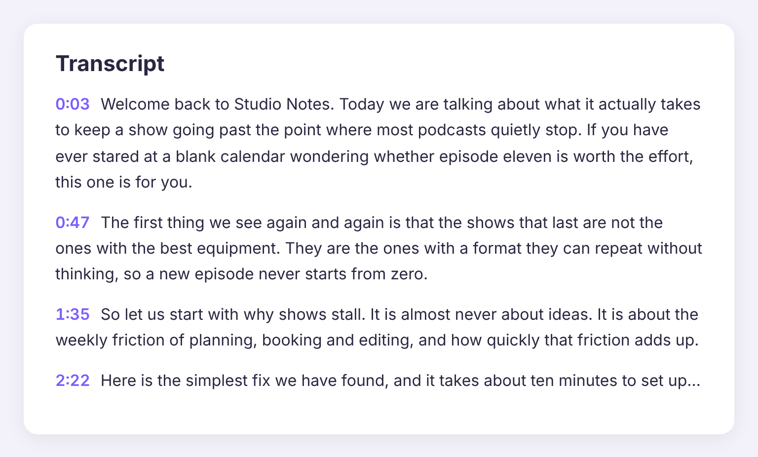 An episode transcript where each paragraph begins with a clickable timestamp